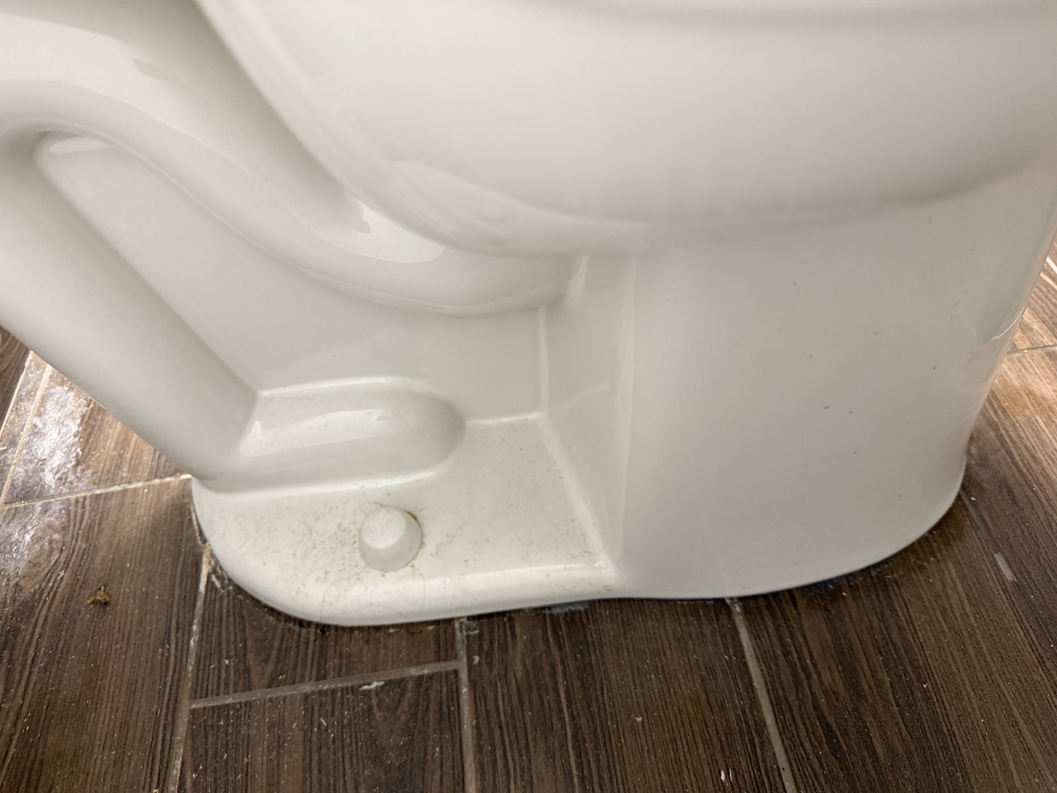 Close-up of reinstalled toilet base and capped mounting bolt